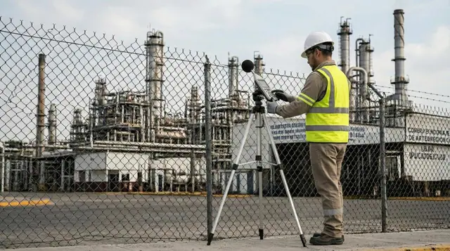 Medición de ruido perimetral NOM-081-SEMARNAT con sonómetro en planta industrial